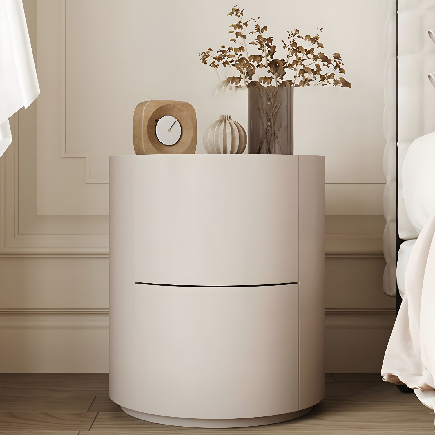 Modern Wooden Round Nightstand with 2 Drawers in Narrow Design and Small Height