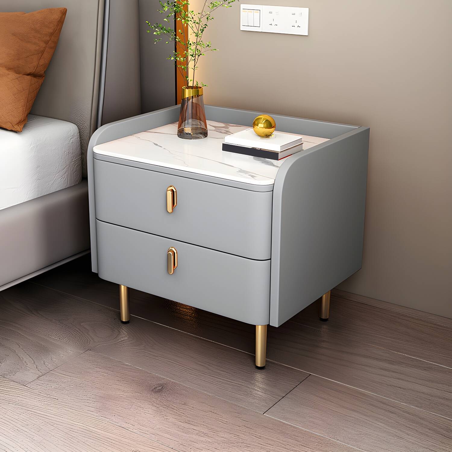 Modern Style Pine Wood Drawer Storage Nightstand with Stone Countertop in Small Size