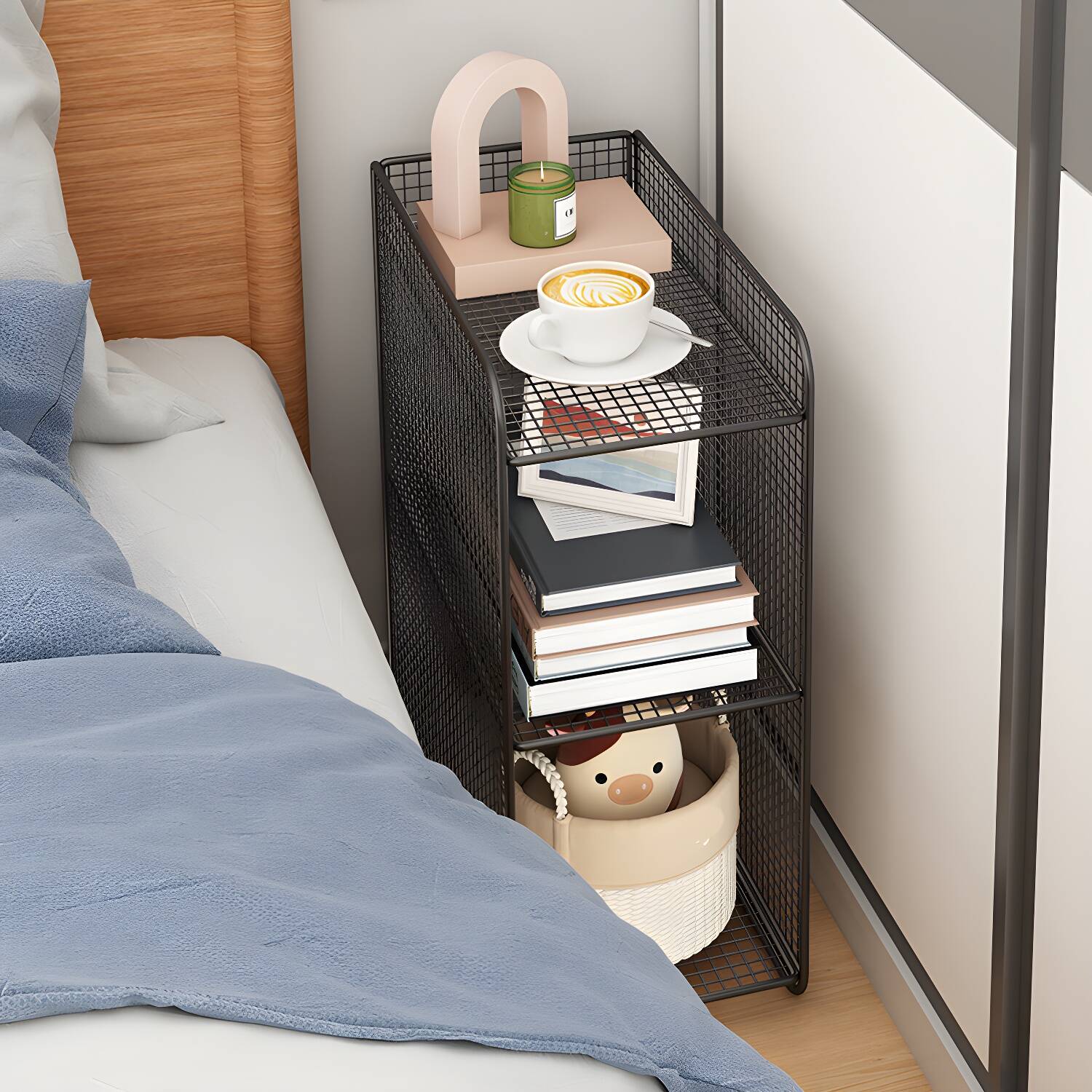 Modern Style Metal Nightstand with Open Storage, 3 Shelves and Compact Design