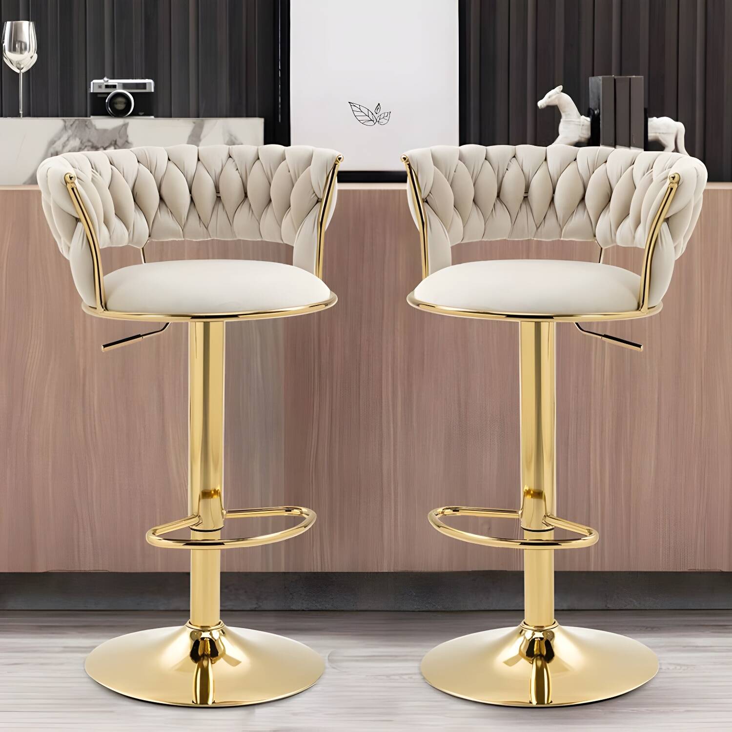Glamorous Gold Metal Adjustable Height Swivel Bar Stool with Round Fabric Seat