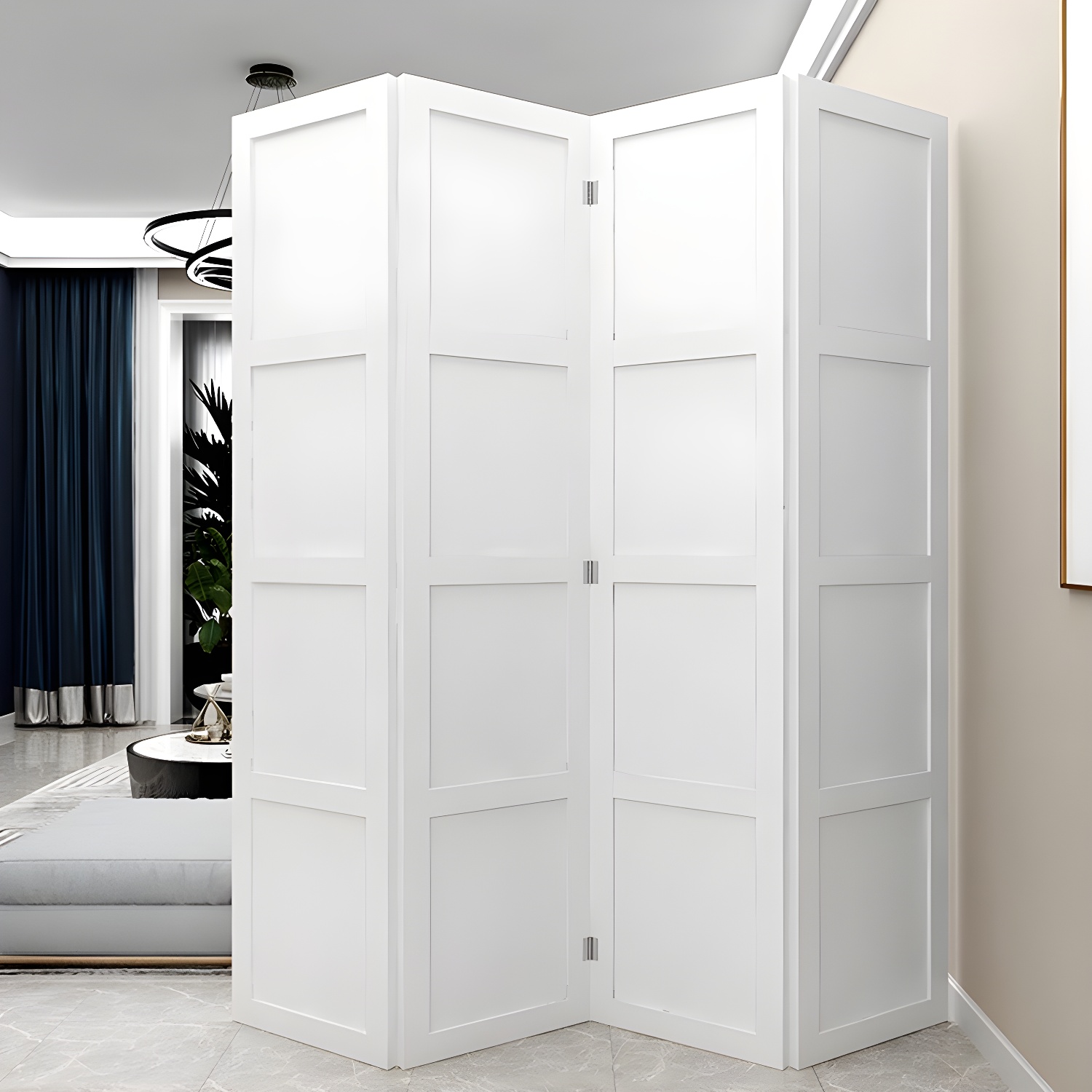 Freestanding White Modern Folding Room Divider with Wood Screen