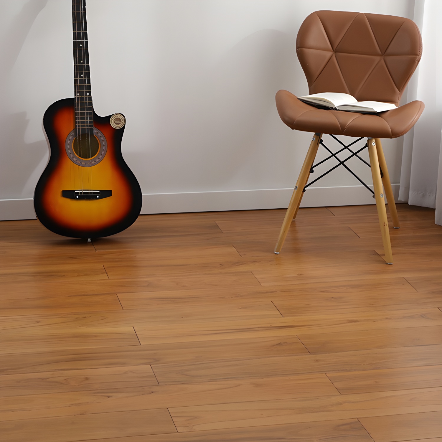 Teak Solid Wood Modern Style Hardwood Flooring with Medium Tone, Wire Brushed and Mat Sync Install