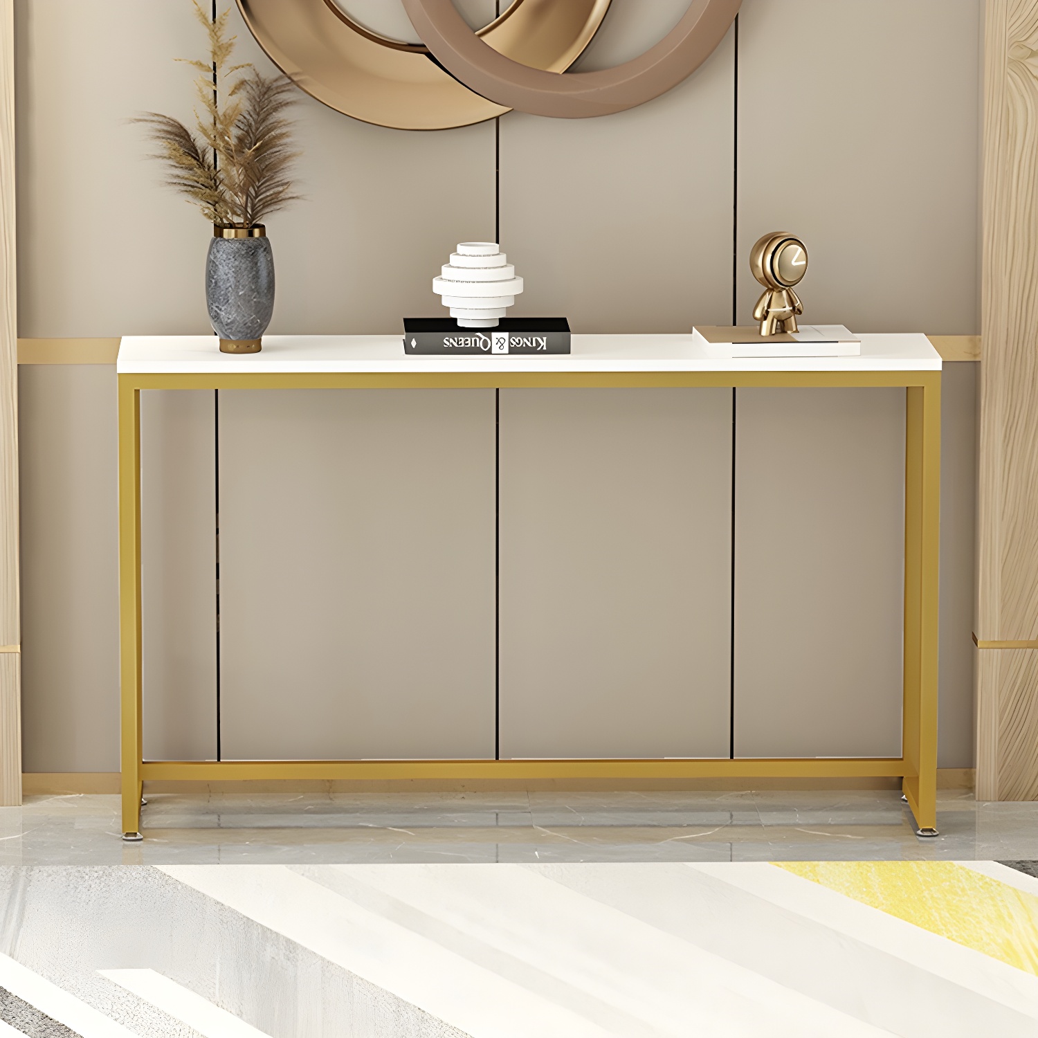 Modern Narrow Wood and Metal Rectangular Console Table - Minimalist Entryway Furniture