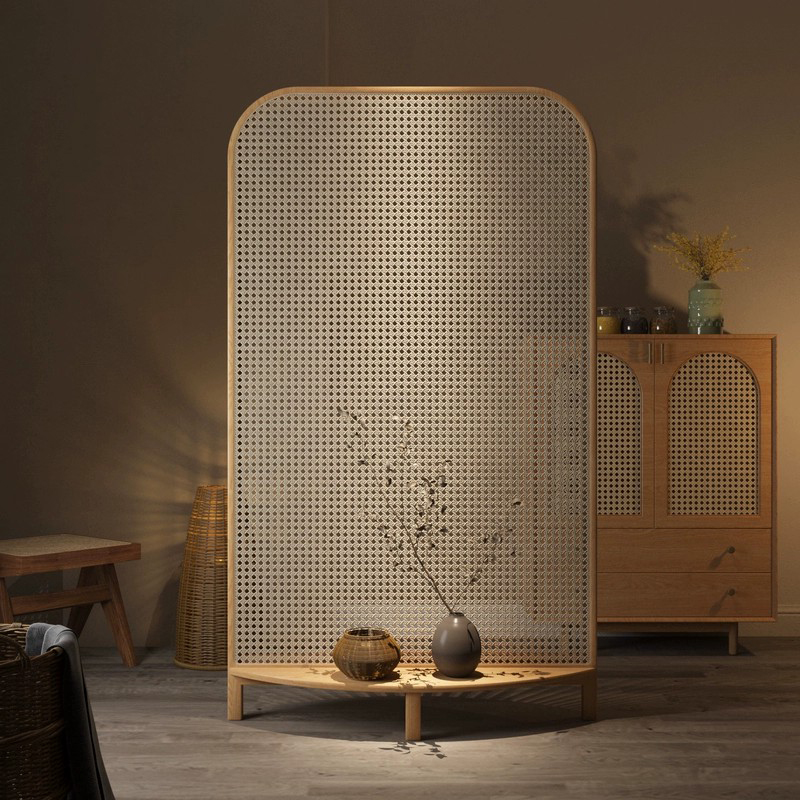 Freestanding Scandinavian Single Panel Room Divider with Natural Rattan Screen