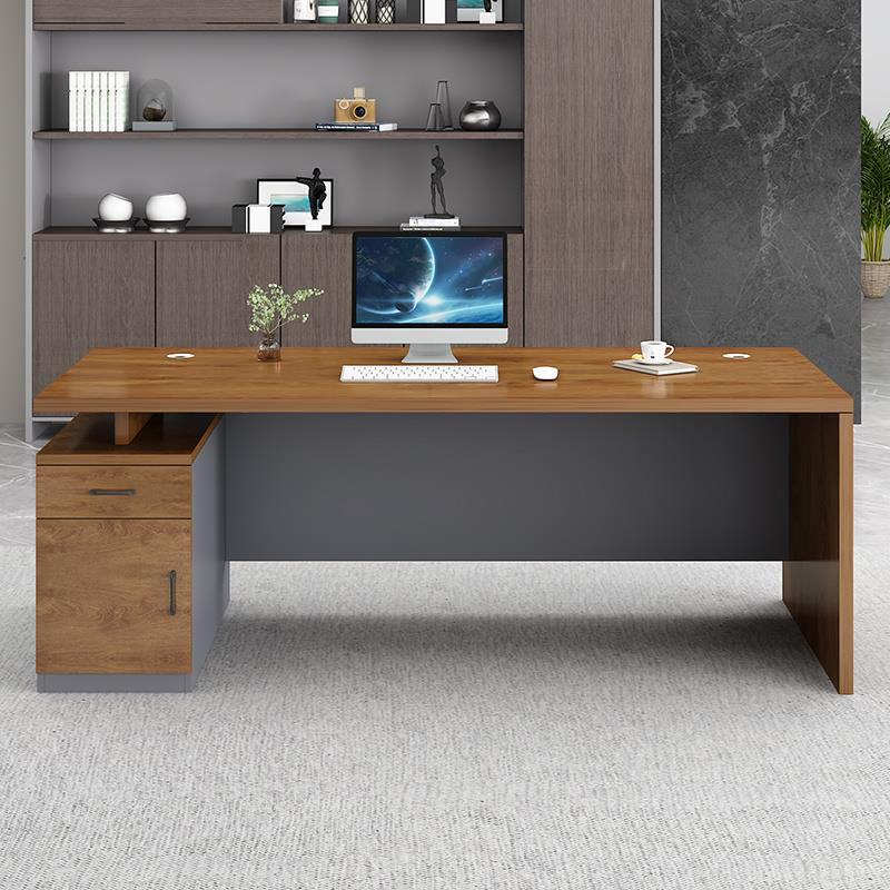 Modern Writing Desk with Drawers, Cable Management, and Black Pedestal Base