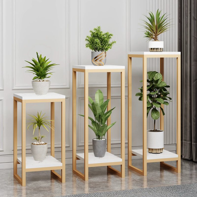 Square Wood Plant Table with 2 Tiers, Metal Legs, and Built-in Shelf - 30cm x 30cm