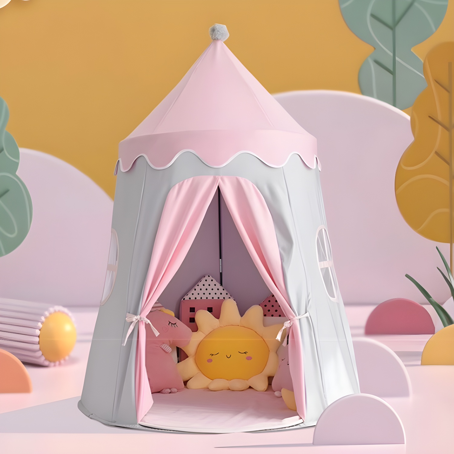 Princess Castle-themed Round Fabric Play Tent with Windows and Lights for Indoor Play