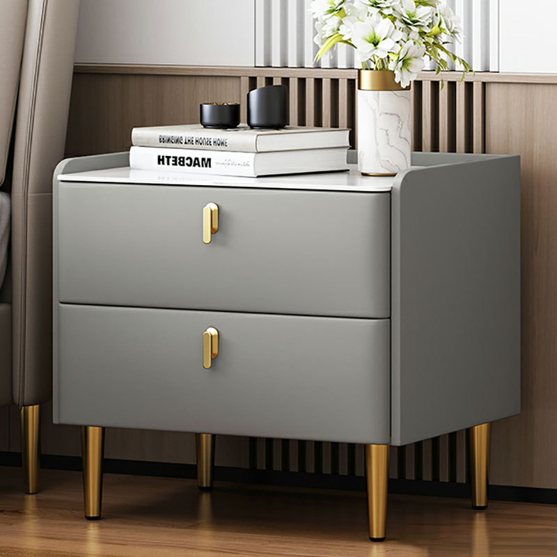 Contemporary Faux Leather Nightstand with Drawers and Stone Countertop