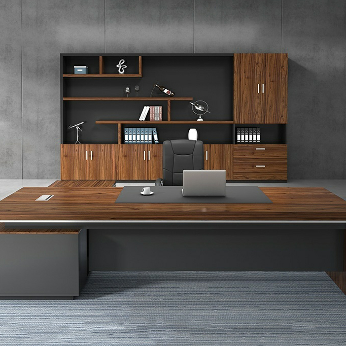 Executive L-Shape Desk with Drawers and Cabinet in Brown Wood for Office