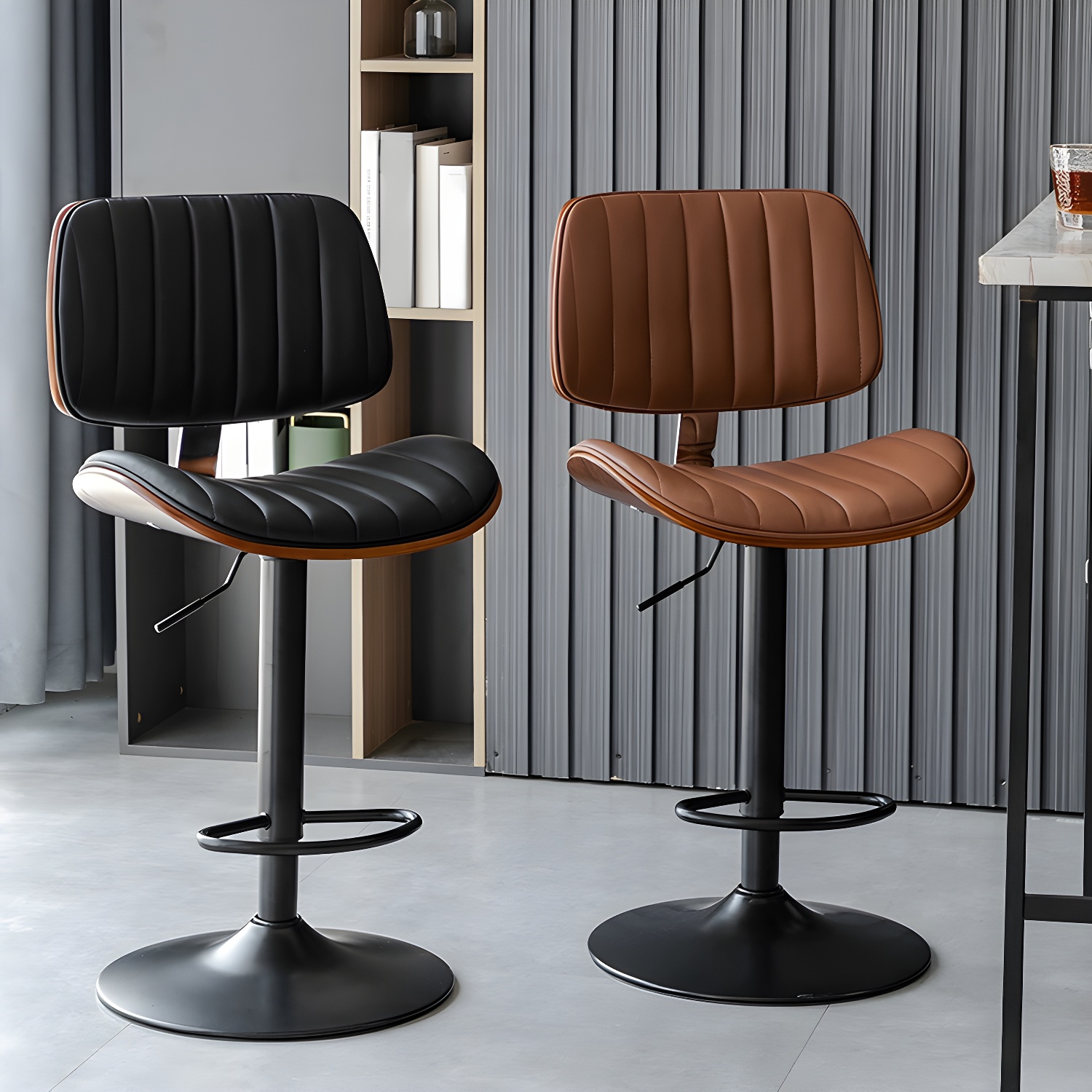Modern Black Leather Swivel Bar Stool with Adjustable Height and Pedestal Base
