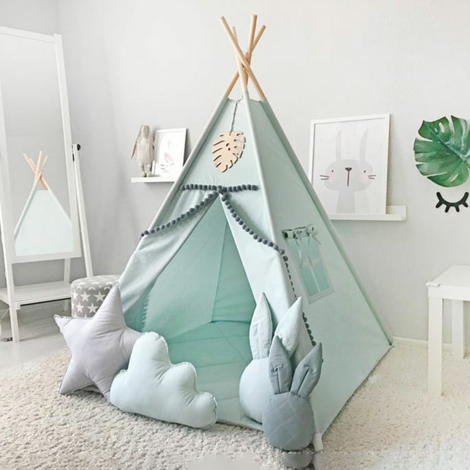 Modern Green Triangular Play Tent with Solid Wood Frame, Windows, and Lights for Indoor Play