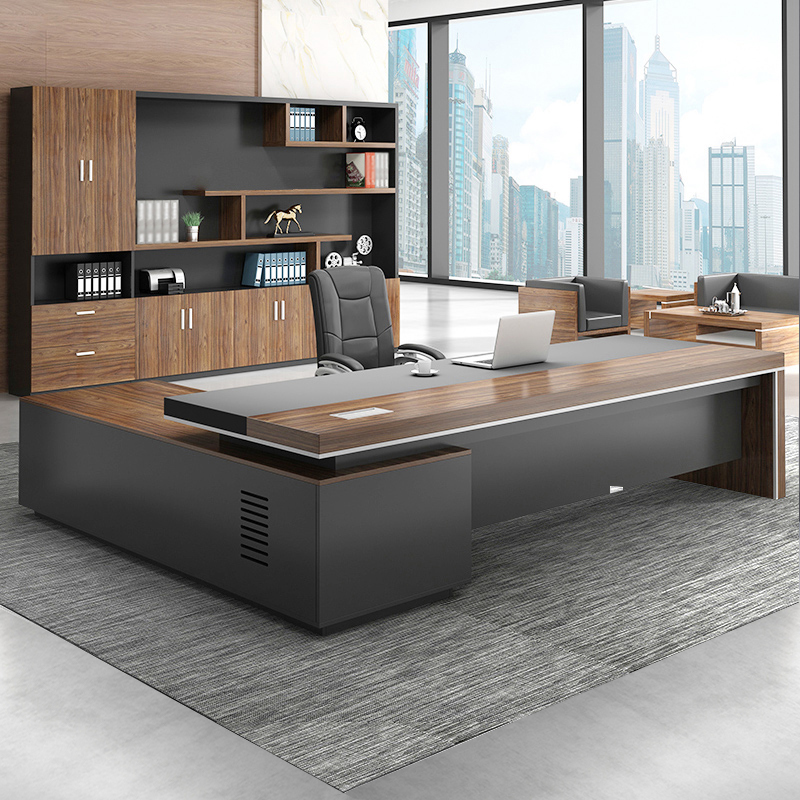 Executive Office Desk with Pedestal Base, Wood Desk Top, and Built-in CPU Storage