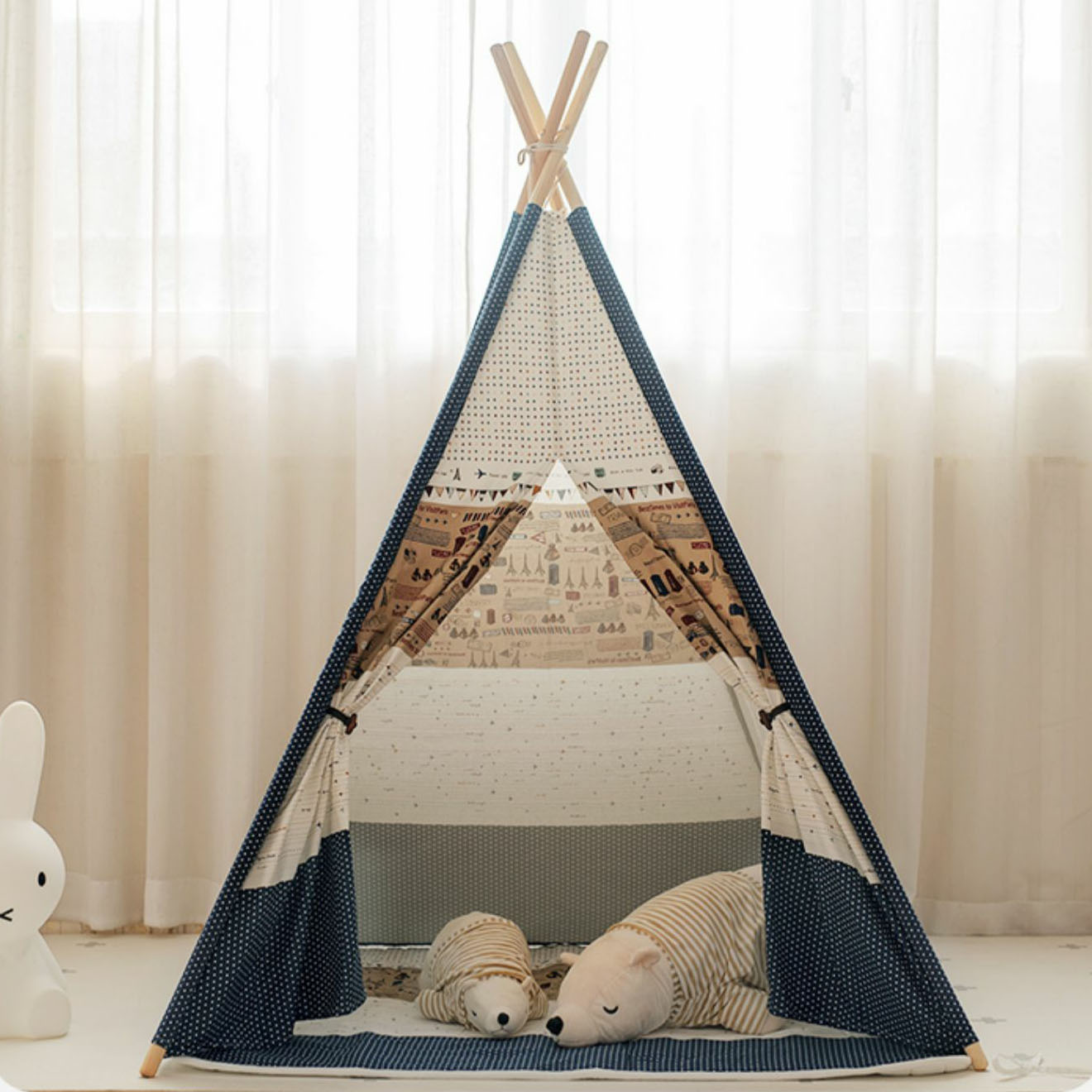 Triangle Modern Fabric Play Tent with Windows, Lights, and Tent Poles Included for Indoor Use