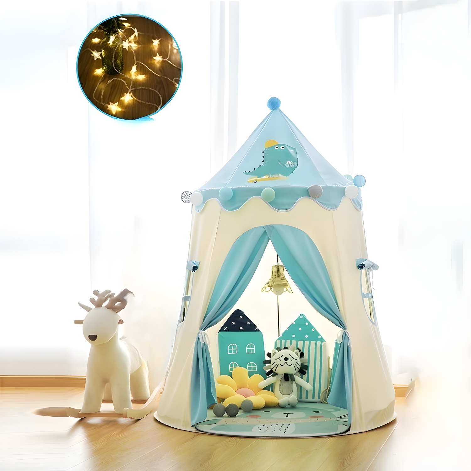 Fade Resistant Round Castle Play Tent with Windows and Lights Included - Perfect for Indoor Play