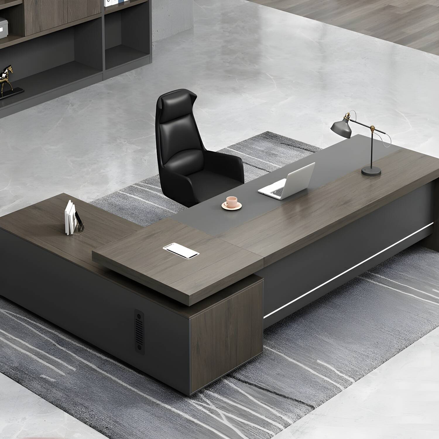 Modern Grey L-Shape Executive Desk with Pedestal Base, Drawers, and Cabinet for Office