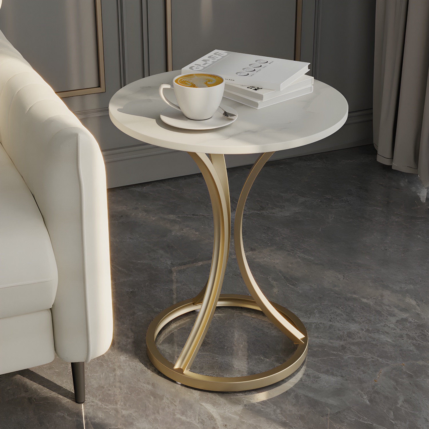 Stone Top Round Modern End Table with Metal Base and Installation Holes