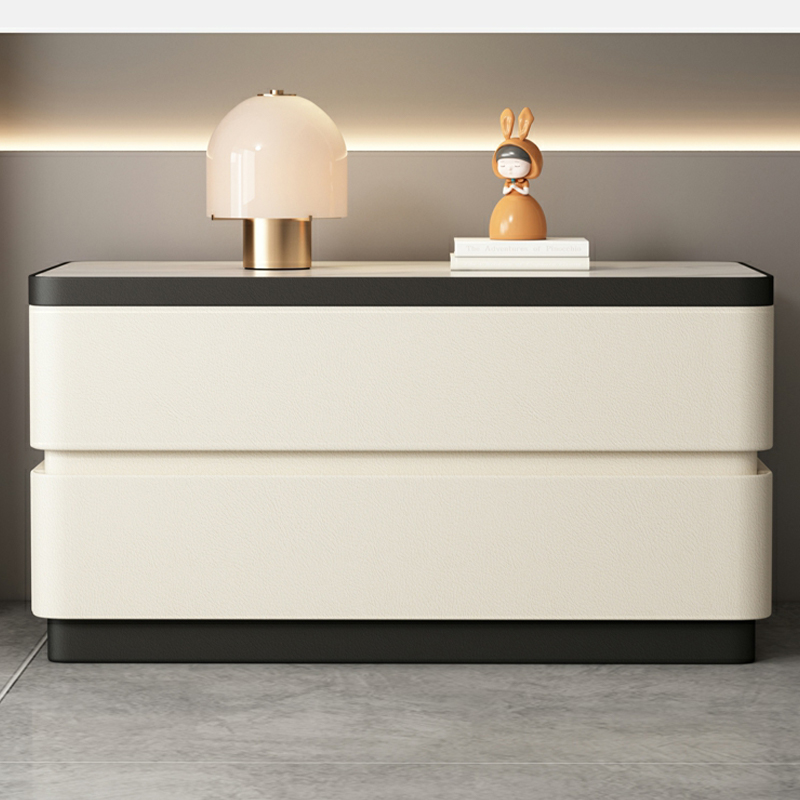 Modern Faux Leather Nightstand with 2 Drawers and Stone Countertop for Bedroom