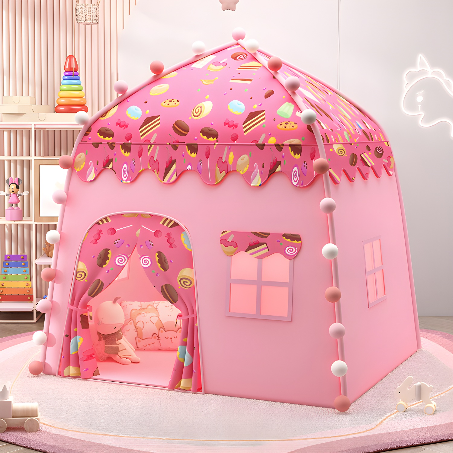 Round Modern Play Tent with Windows and Tent Poles for Indoor/Outdoor Use - Durable and UV Resistant