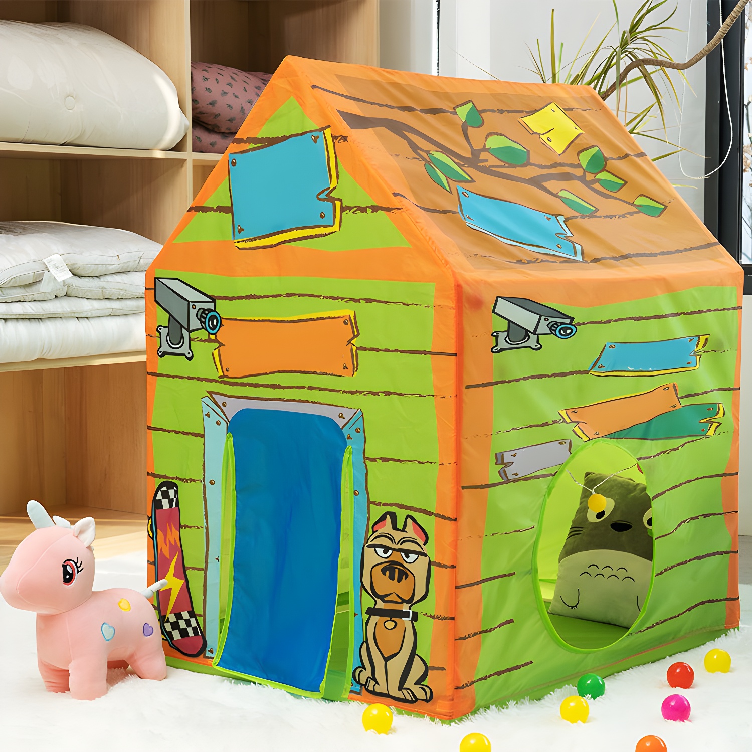 Triangle Fabric Play Tent with Windows and Tent Poles Included for Indoor/Outdoor Use