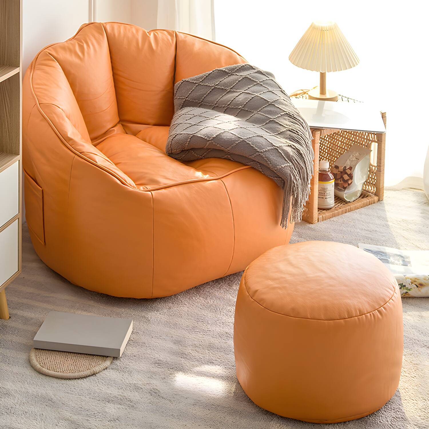 Cozy Waterproof Faux Leather Bean Bag Chair with Removable Zippered Cover