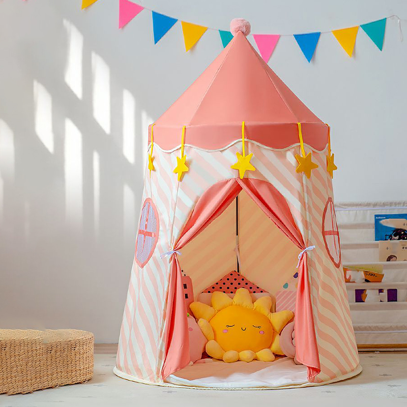 Castle-themed Fabric Play Tent with Windows and Lights Included for Indoor play