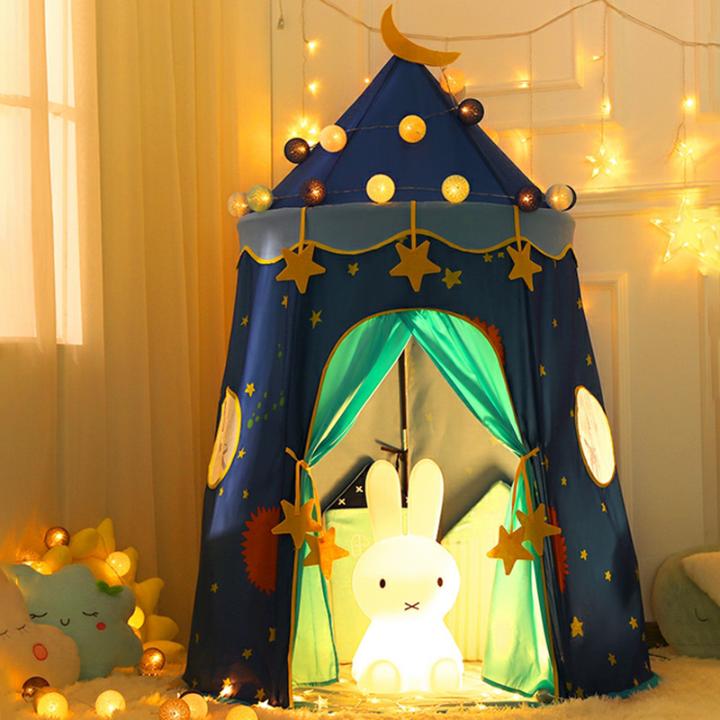 Blue Castle-themed Play Tent with Windows and Lights Included for Indoor Use