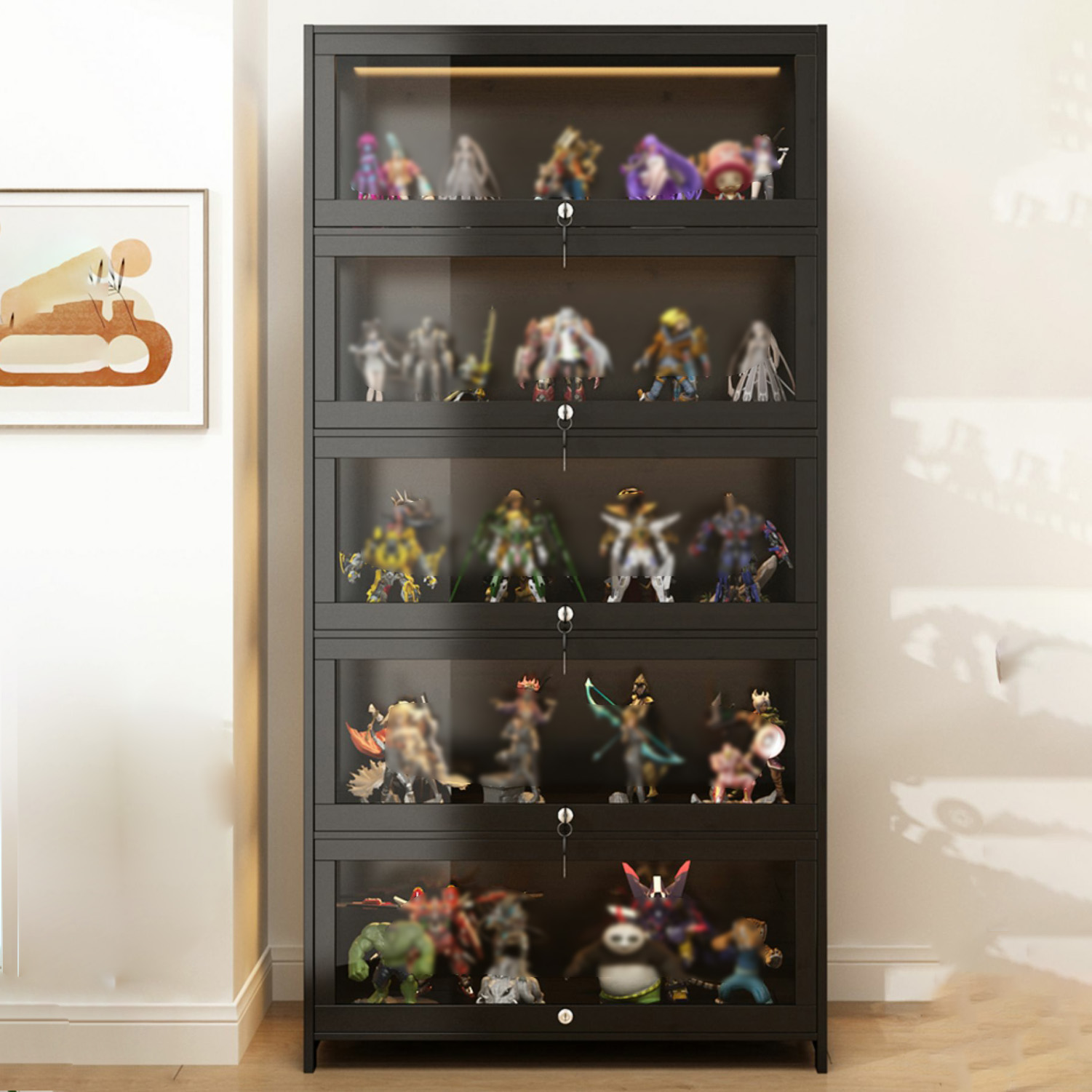 Black Bamboo Curio Cabinet with Locking Cabinet & Sliding Doors