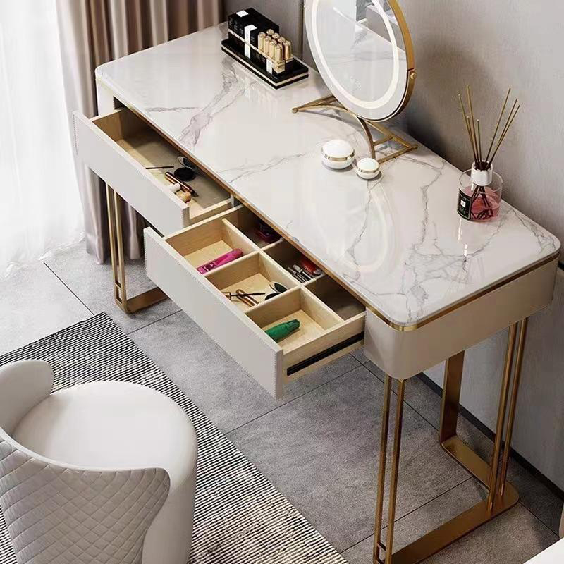 Modern White Metal Makeup Vanity with Stone Top & 2 Drawers - Easy Assembly