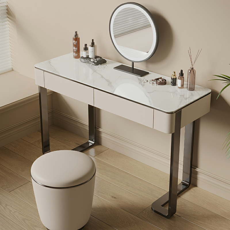 Trendy White Metal Makeup Vanity with Stone Top & Drawers & Upholstered Chair