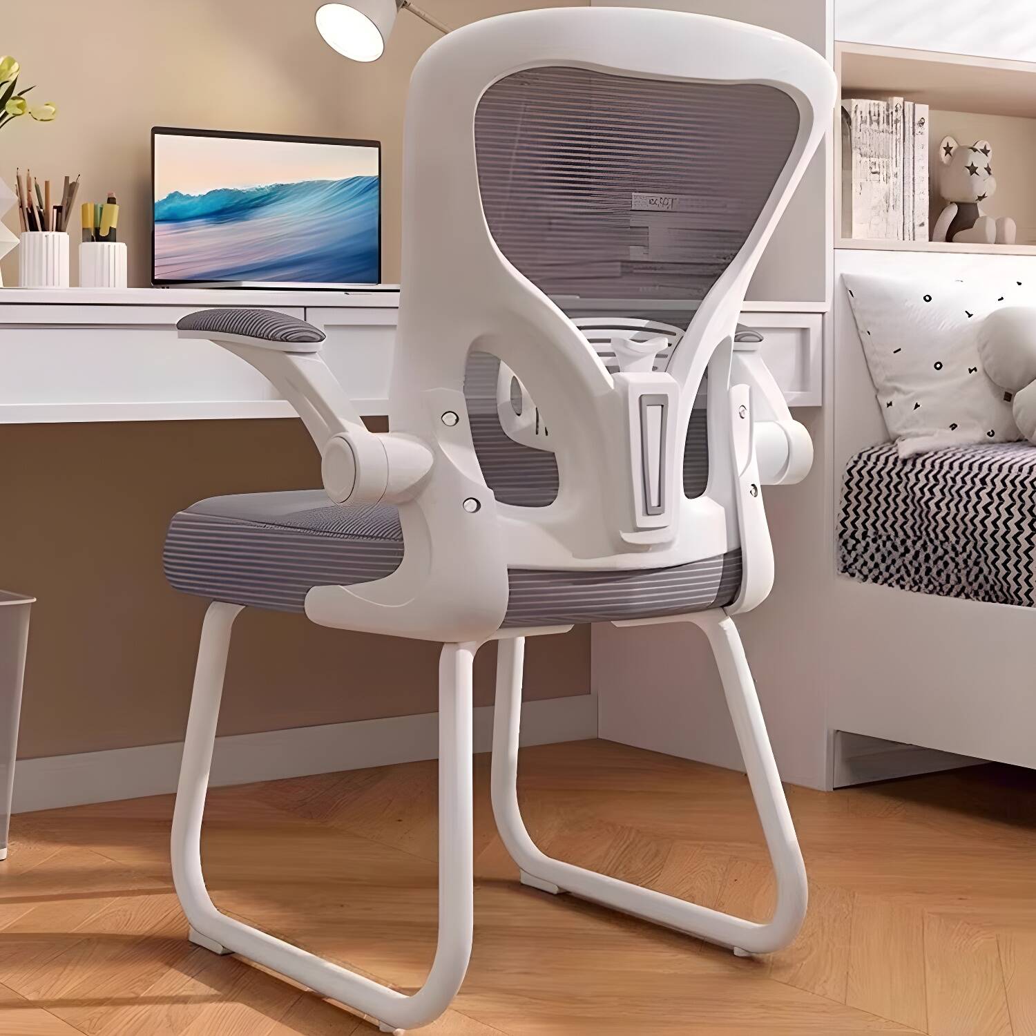 Steel Mesh Back Fabric Upholstered Armrest Flip-Up Office Task Chair Without Footrest