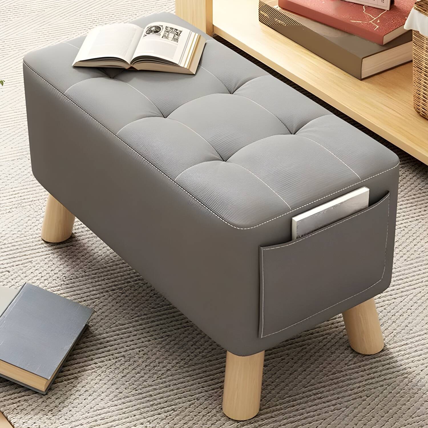 Wooden Plaid Mini Modern Footstool with Upholstered Linen and Storage