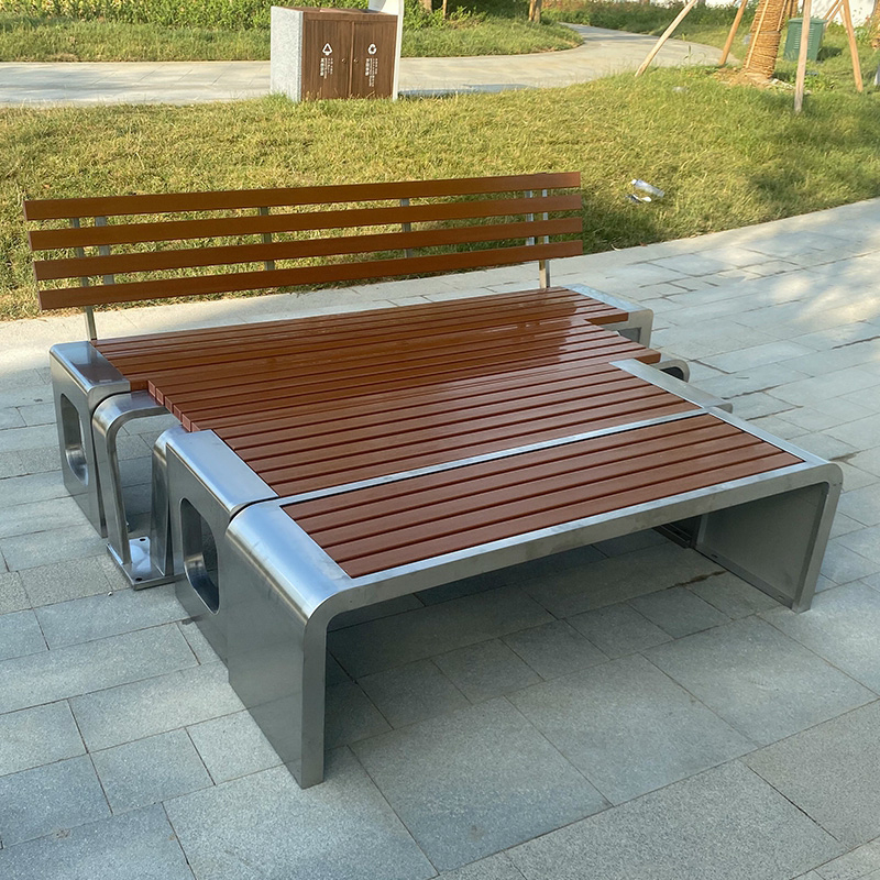 Stainless Steel Metal Modern Park Bench with Waterproof Brown Wood Seating