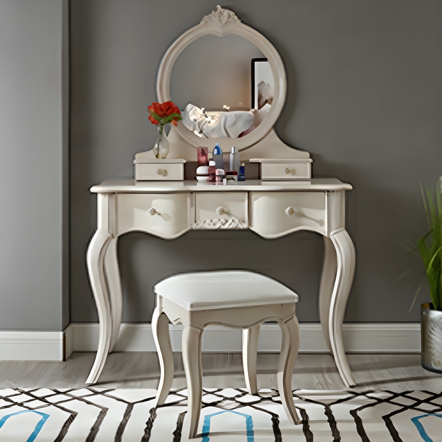 Classic Standard Natural/Pale Wood Finish Makeup Vanity with 5 Drawers