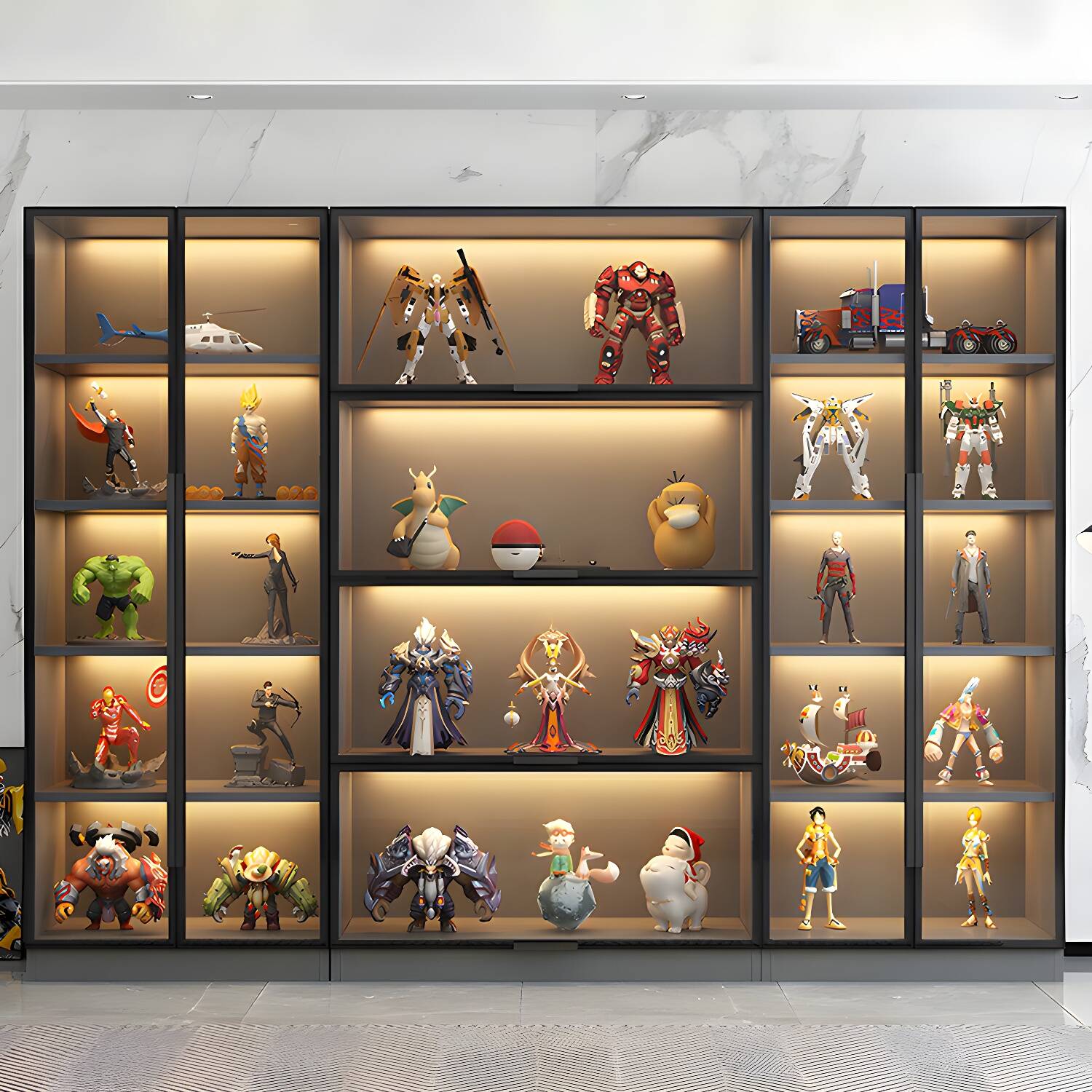 Grey Wood Modern China Cabinet with Glass Doors & Non-Adjustable Shelves