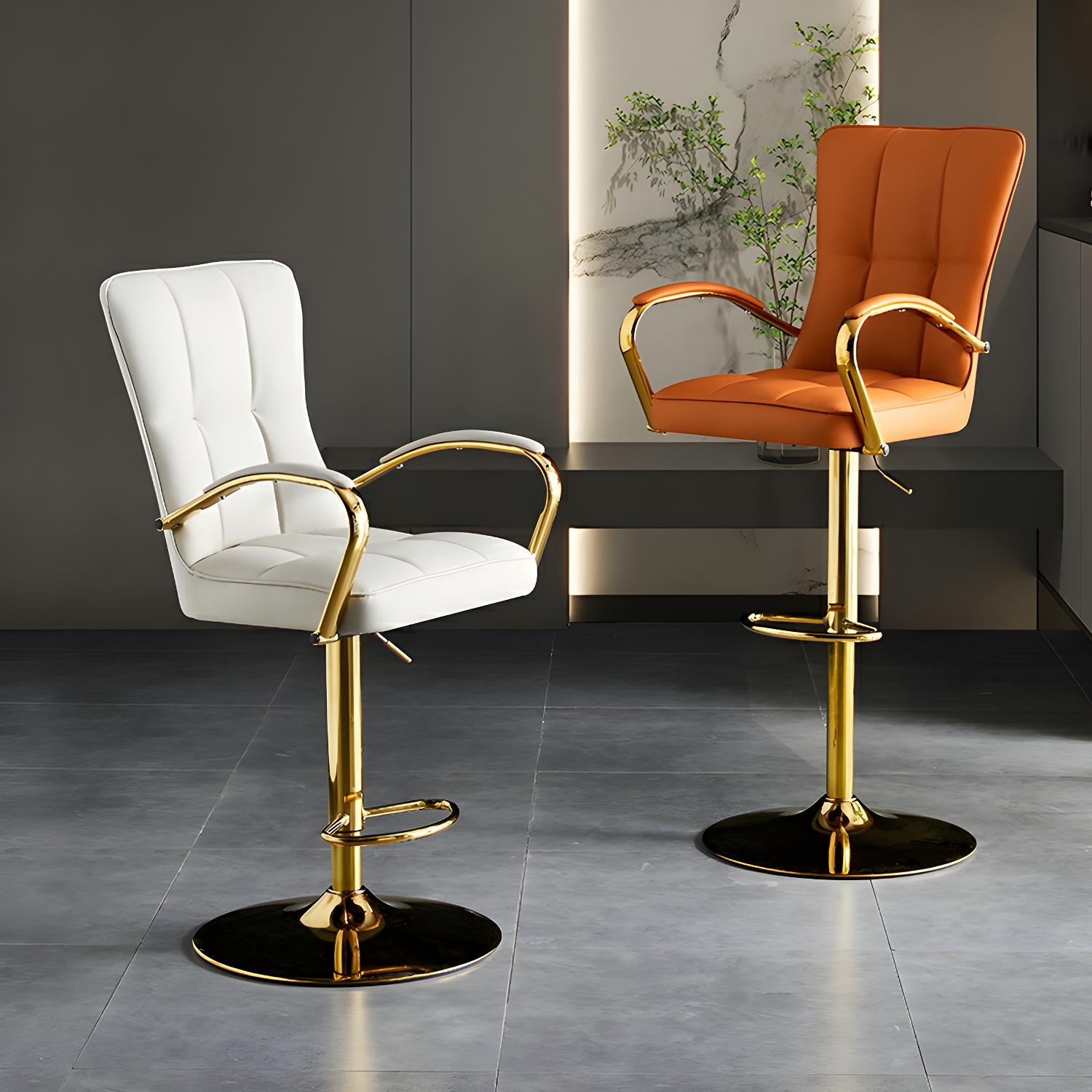 Gold Metal Glam Bar Stool with Adjustable Height and Full Back
