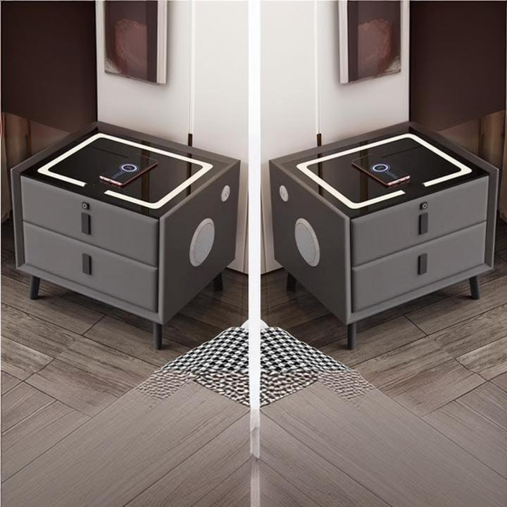 Modern Bedside Table with Two Drawers in Light Luxury Leather, Wired Charging with Fingerprint Lock