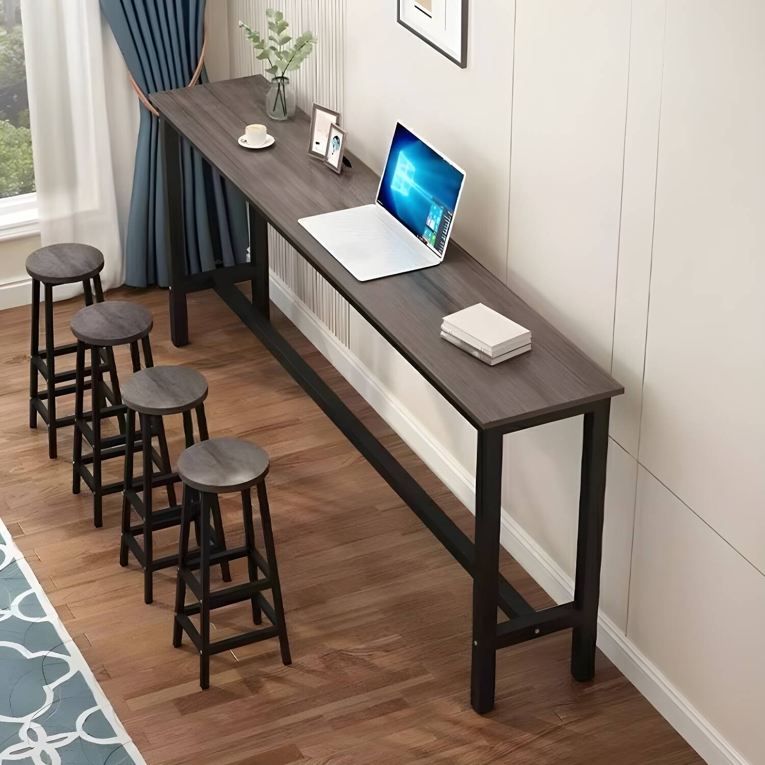 Rectangular Bar Table with Manufactured Wood Top and Metal Trestle Base With Footrest