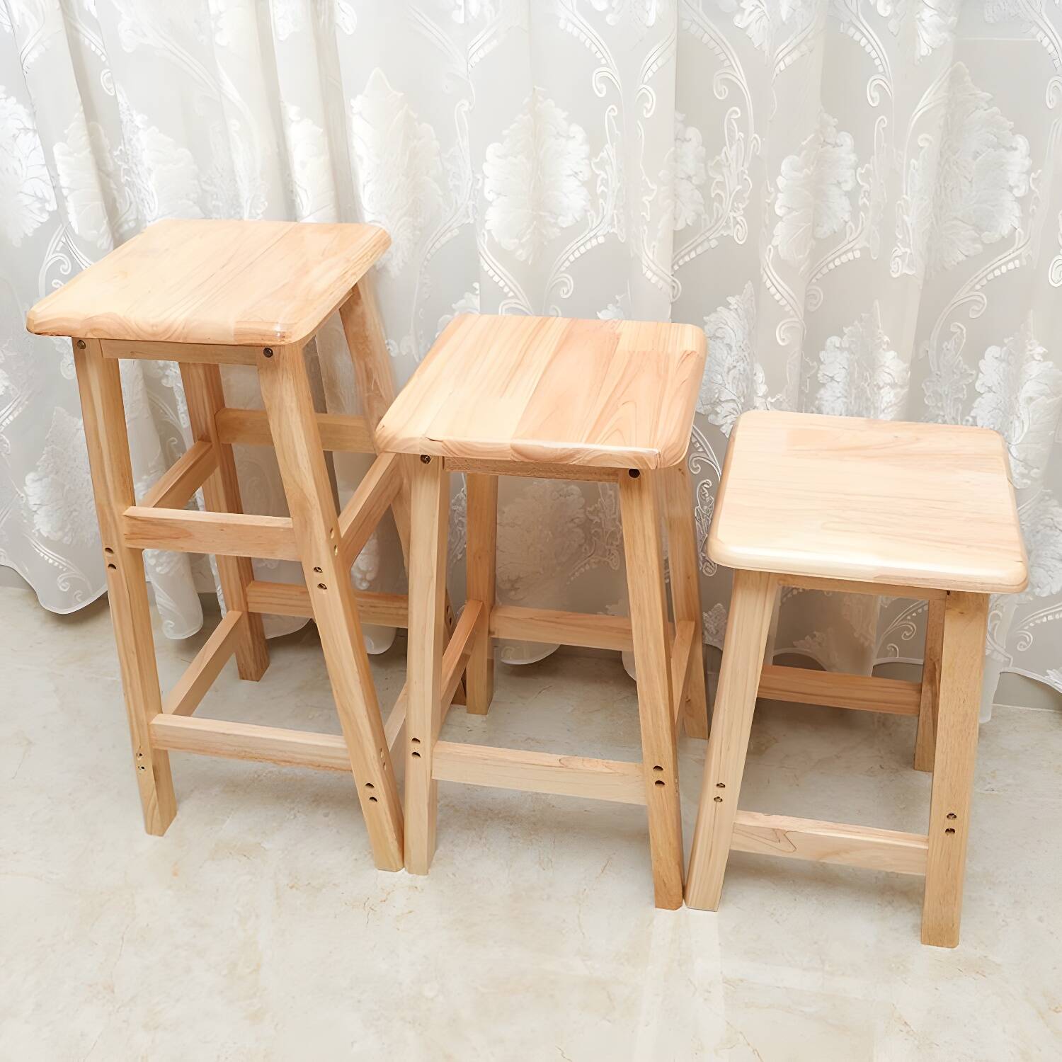 Natural Wood Modern Square Bar Stool with Brown Seat and Footrest