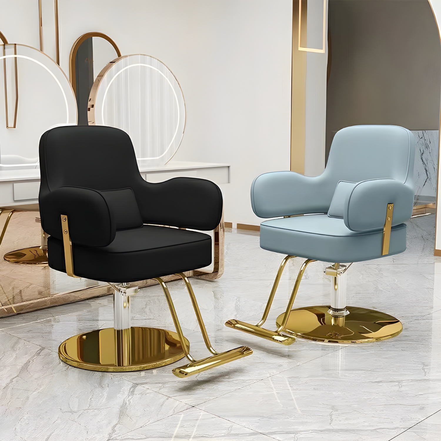 Wood Frame L-Shape Styling Chair with Upholstered Leather for Hair Salon and Barber Shop