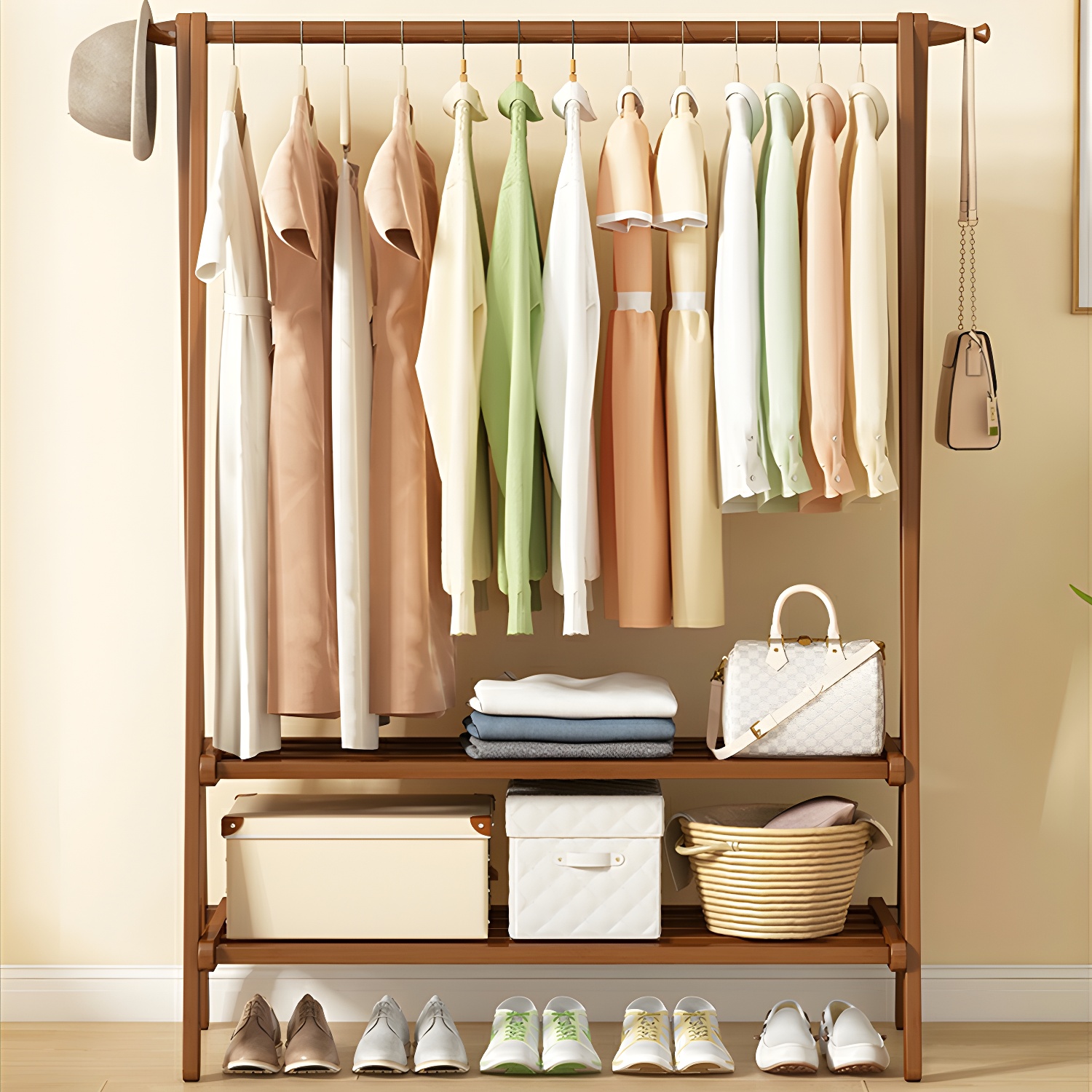 Scandinavian Natural Bamboo 57 inches Free Standing Hall Trees & Coat Rack