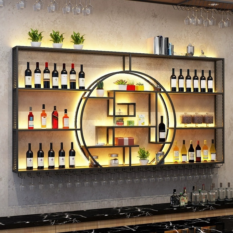 Metal Modern-Style Non-Stackable Wine & Glass Rack with Shelves and Lighting