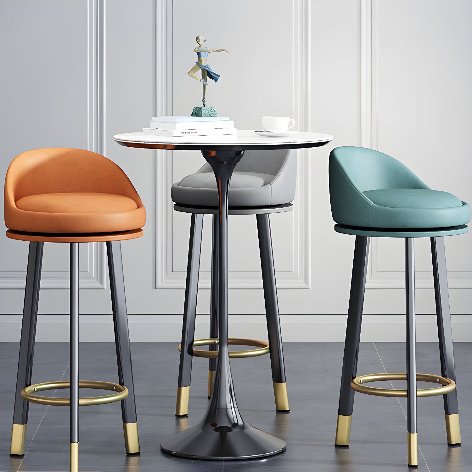 Modern Round Seat Counter Stool with Black Metal Base and Footrest