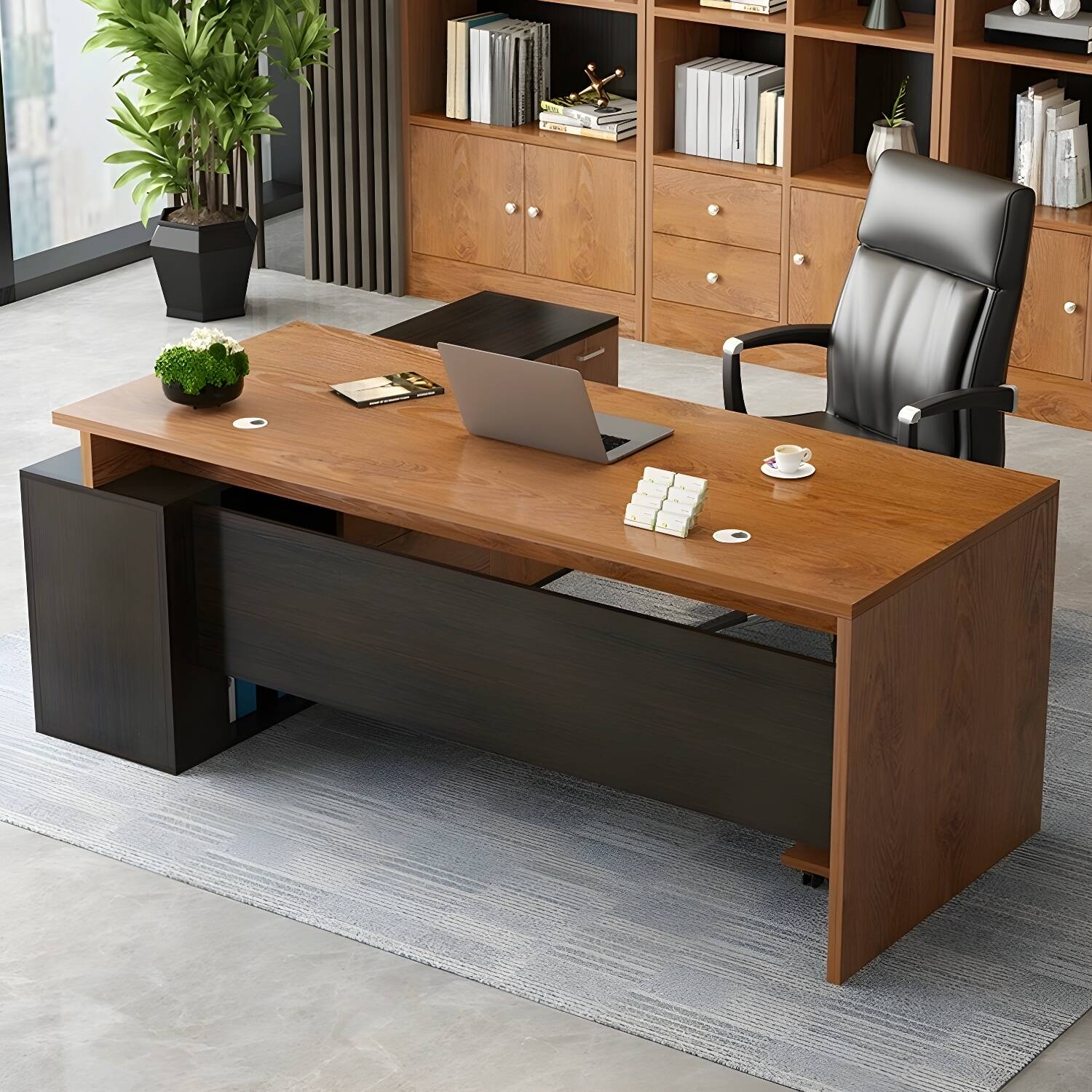 L-Shape Executive Desk with Pedestal Base and Cabinets in Modern Style