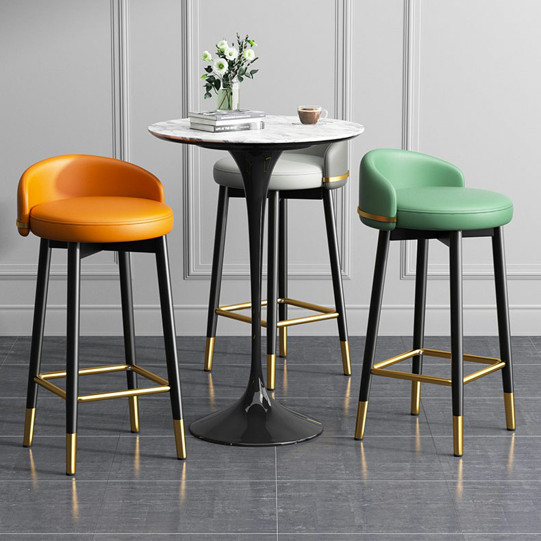 Round Upholstered Seat Armless Bar Stool with Metal Footrest for Indoor