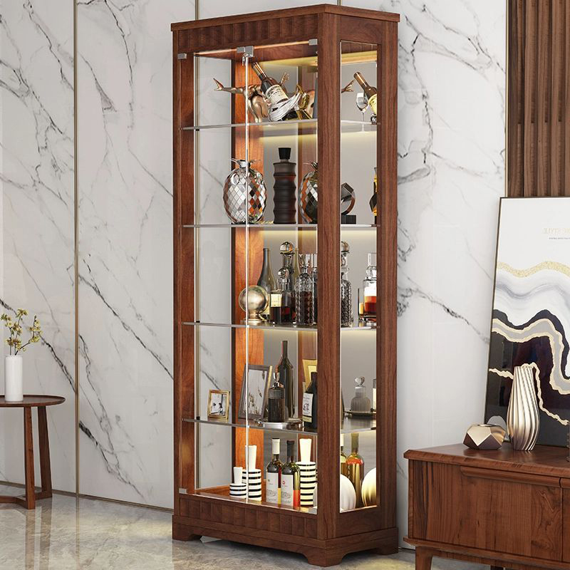 Contemporary Rubberwood Curio Cabinet with Locking Cabinet and Lighting