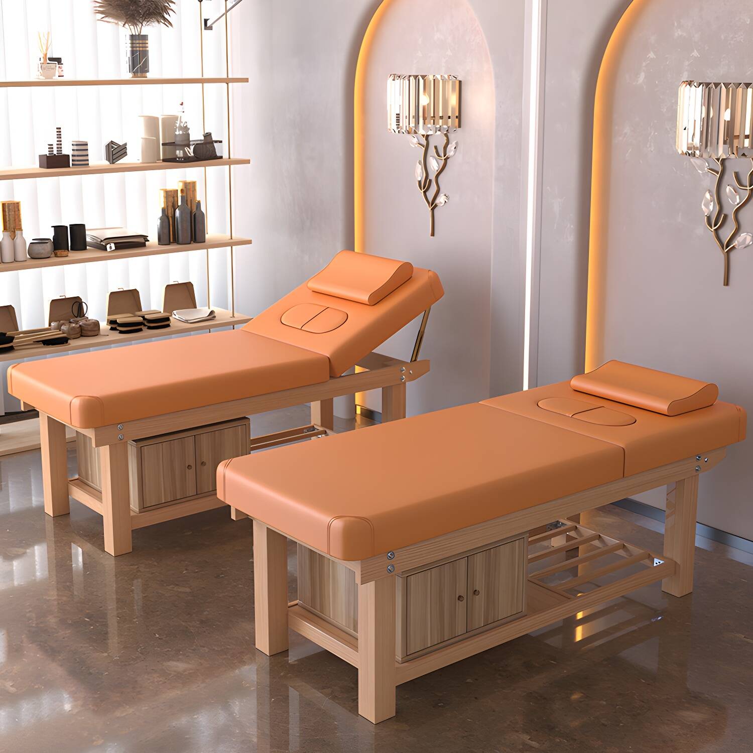 Storage Included Massage Table with Wooden Base, Latex Filled