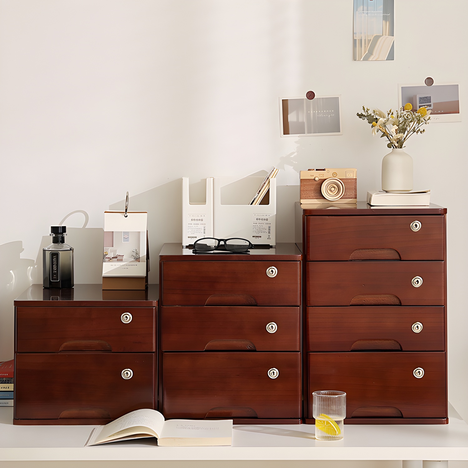 Filing Cabinet with Wooden Frame and Key Locking Drawers for Office