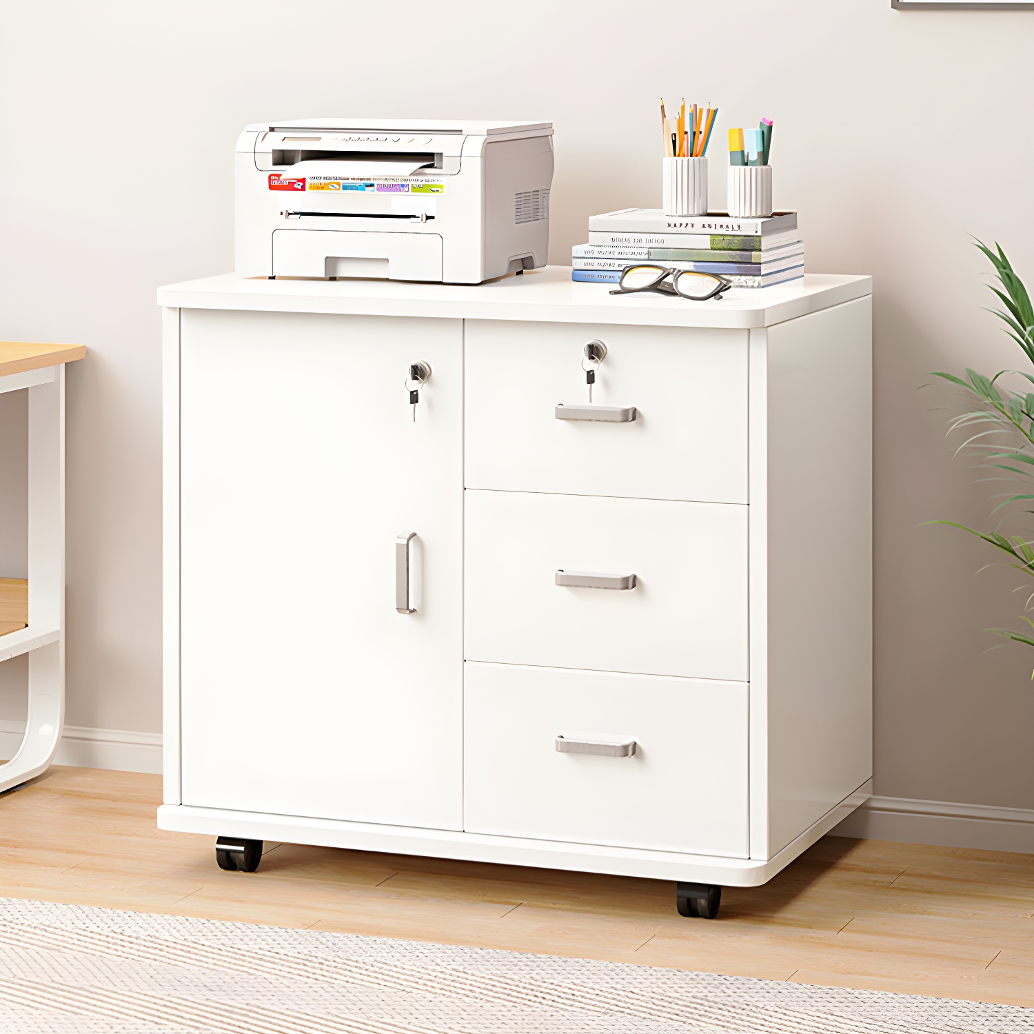 Wooden Frame Freestanding Storage Cabinet with Key Locks in Modern Style