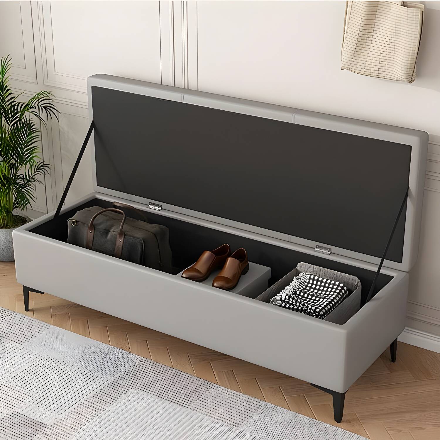 Modern Leather Storage Bench with Flip Top for Entryway