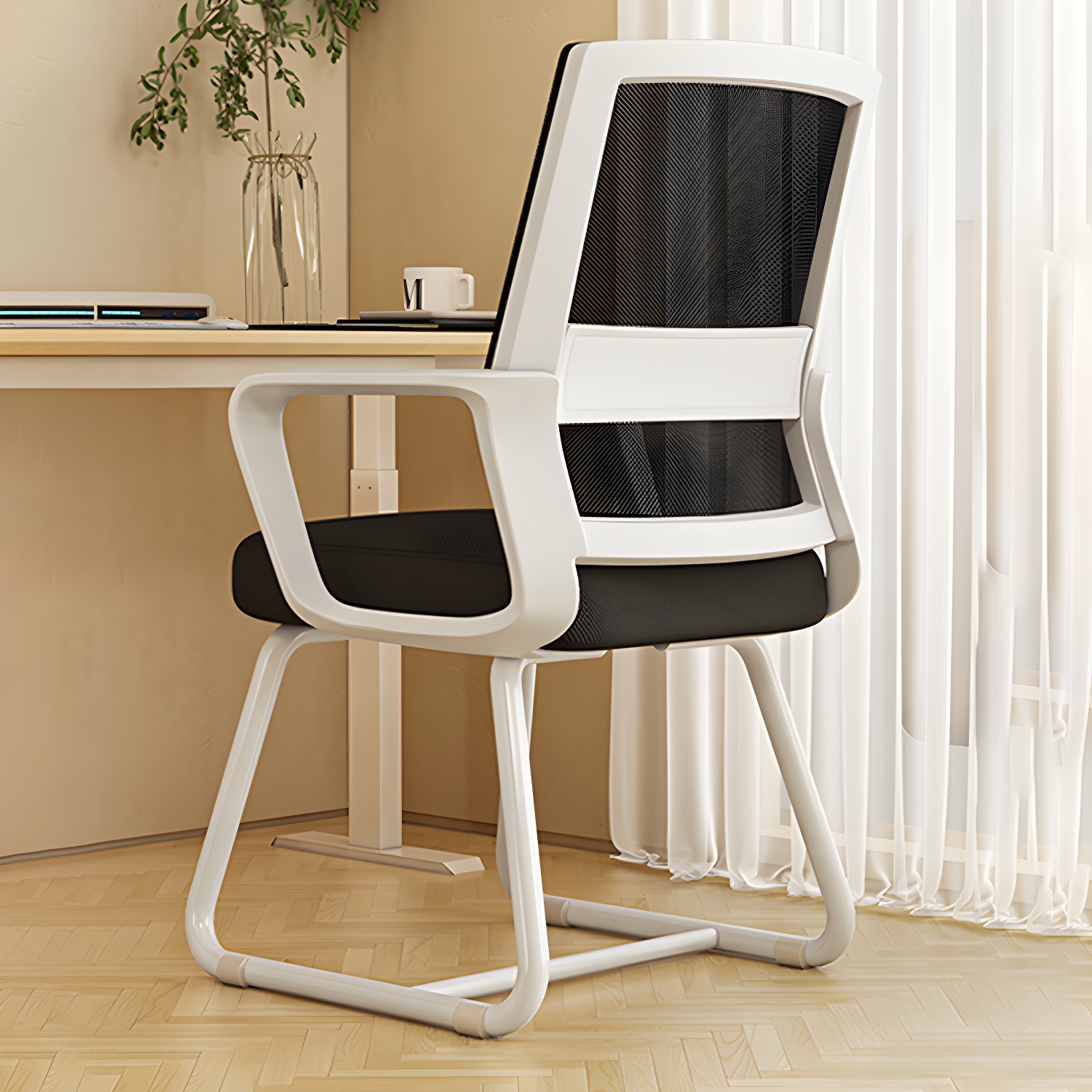 Lumbar Support Non-Swivel Desk Chair with Mesh Back and Fixed Arms